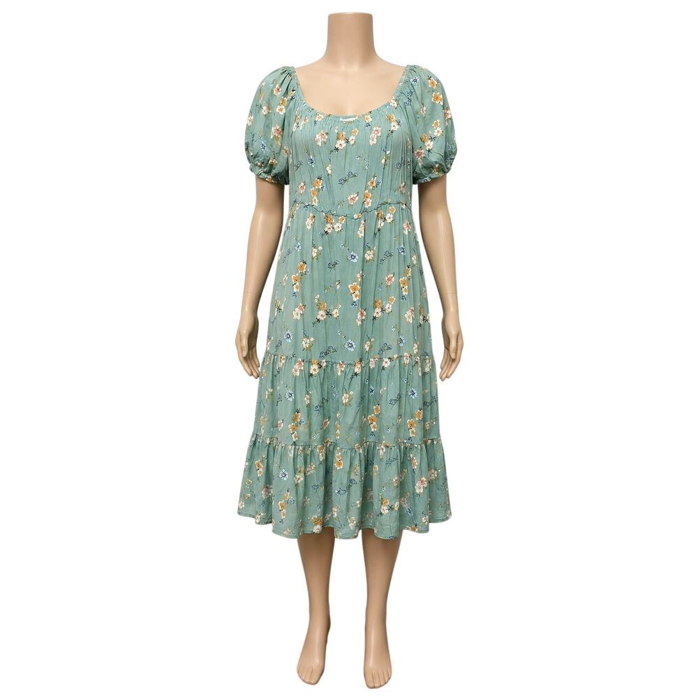 REWIND Womens XL Green Floral Tiered Dress Puff Sleeve Rayon Linen Cottagecore